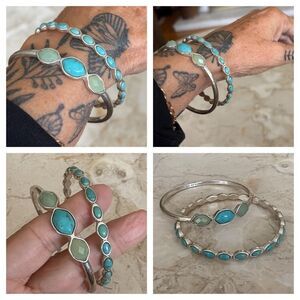 Lucky Brand Silver-tone & Turquoise Stones Boho Bangle Bracelet Set